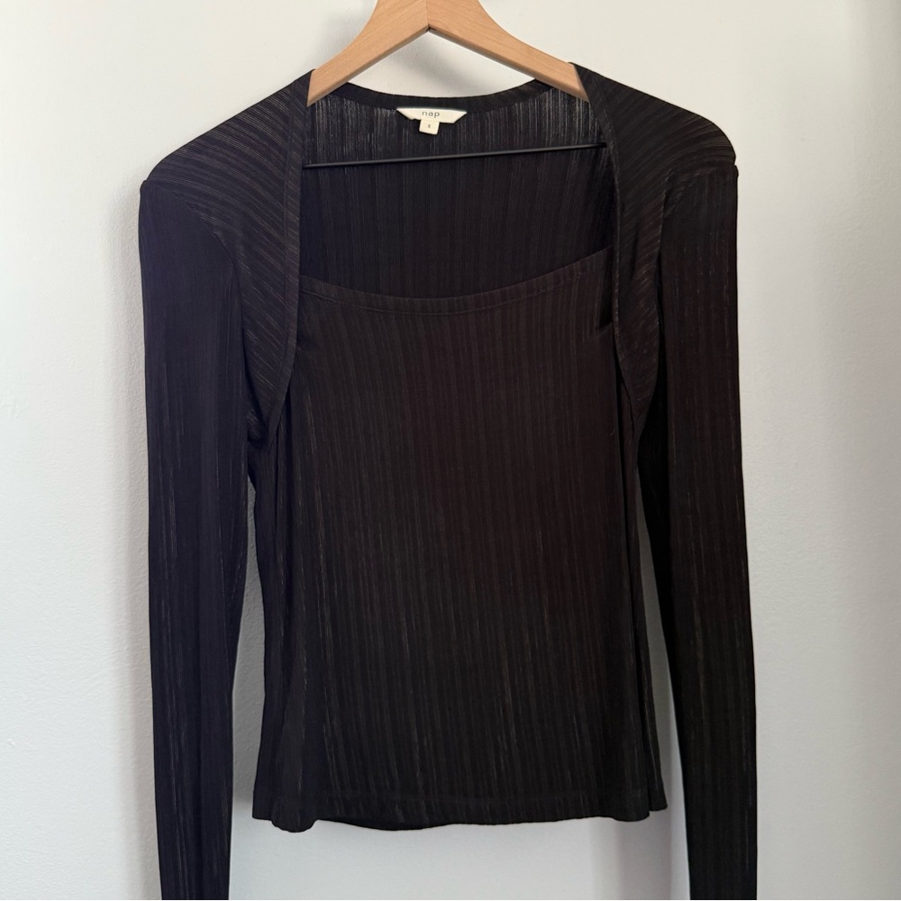 Nap Small Loungewear Rib Knit Bolero Top Square Neck Black Metallic Minimal